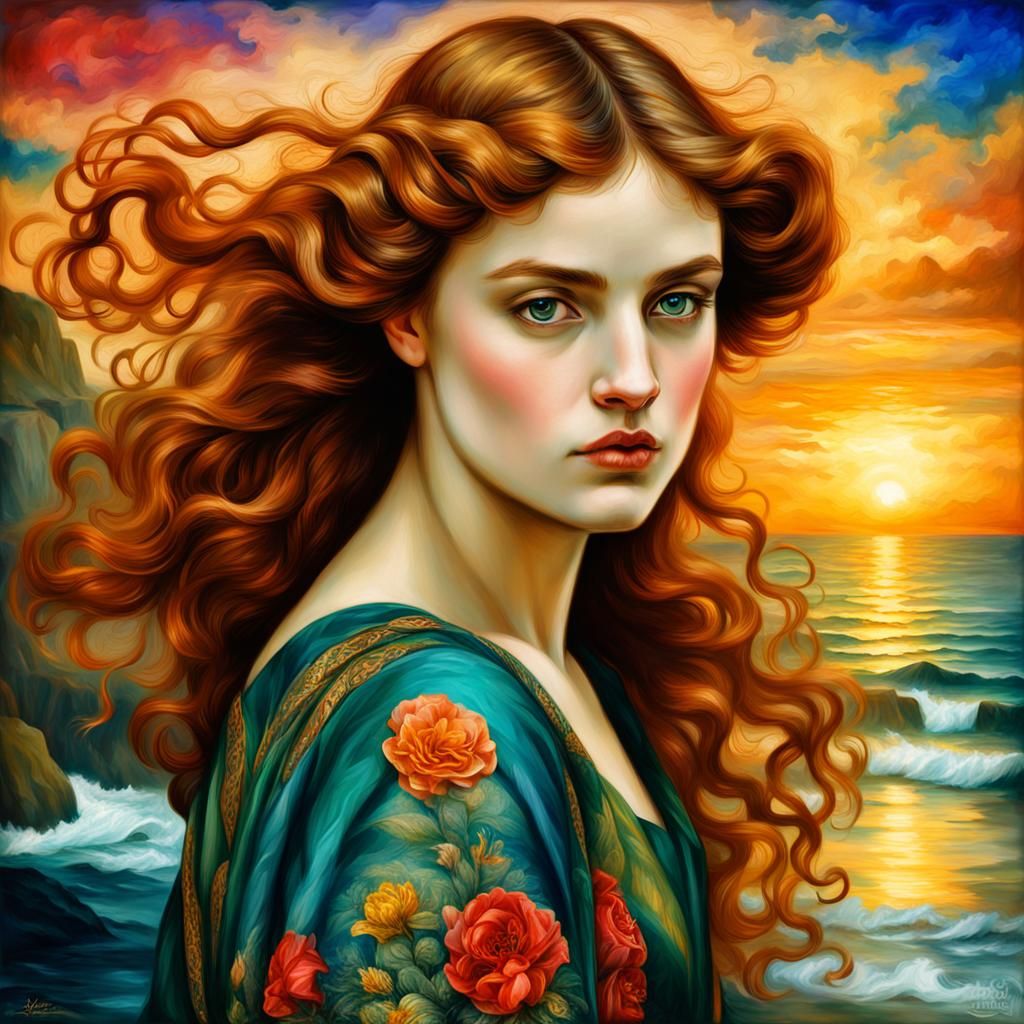 Rossetti-Style Portrait of Woman by the Sea