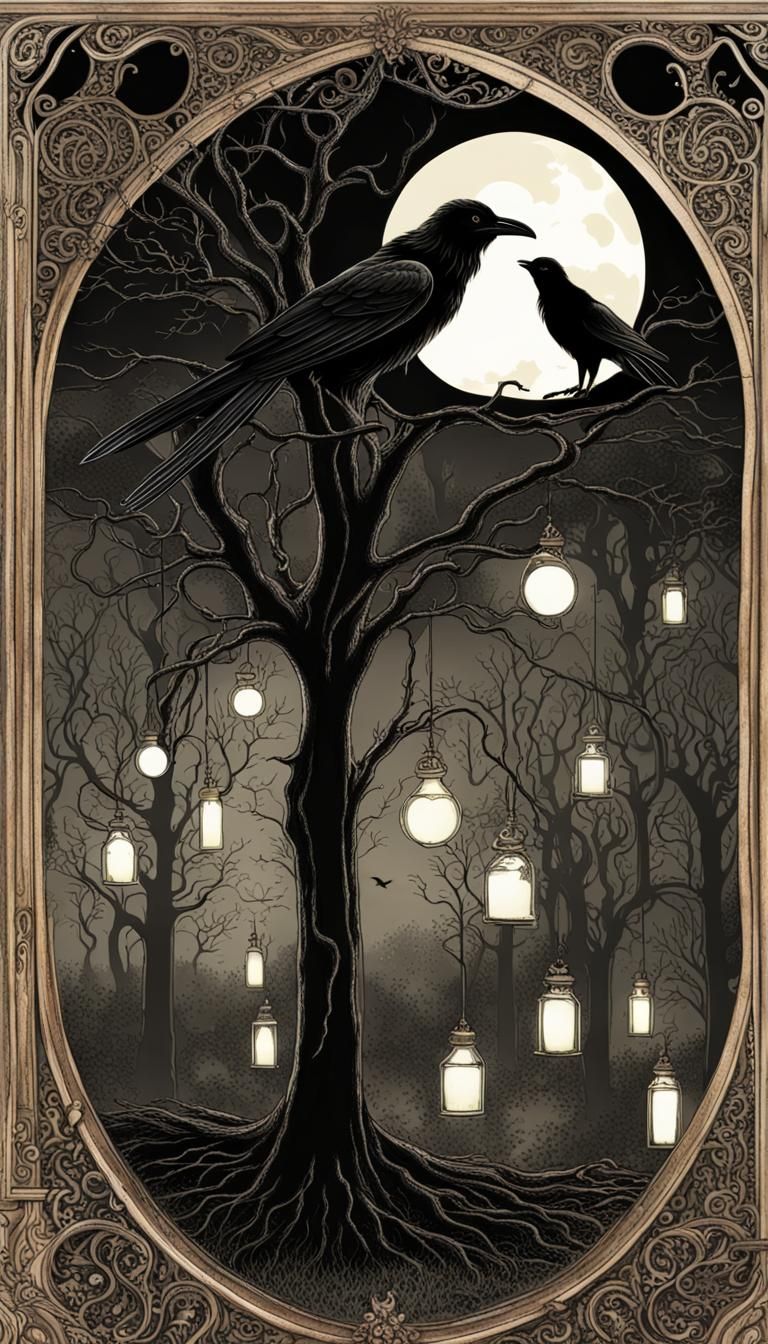 Gothic Witches and Ravens Under a Luminous Moon