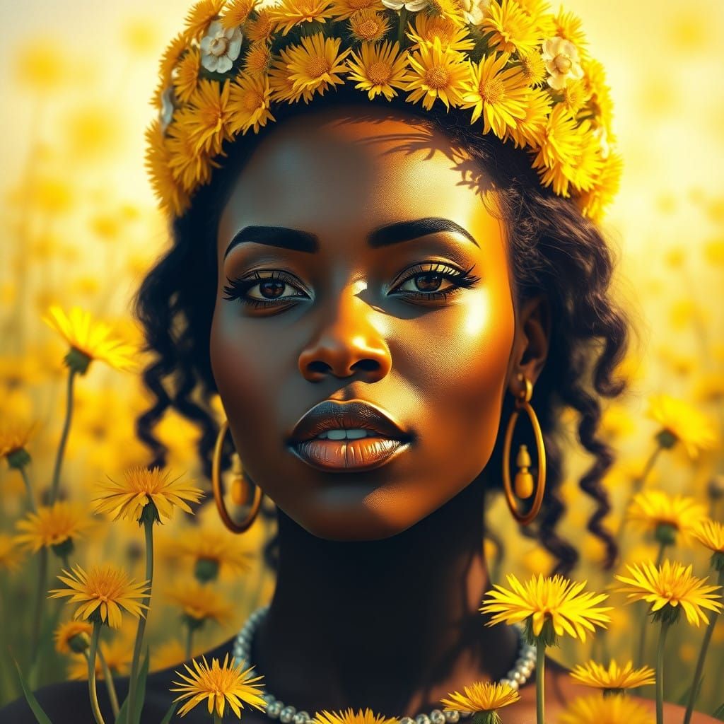 Regal Woman Surrounded by Vibrant Dandelion Blooms in Sunny ...
