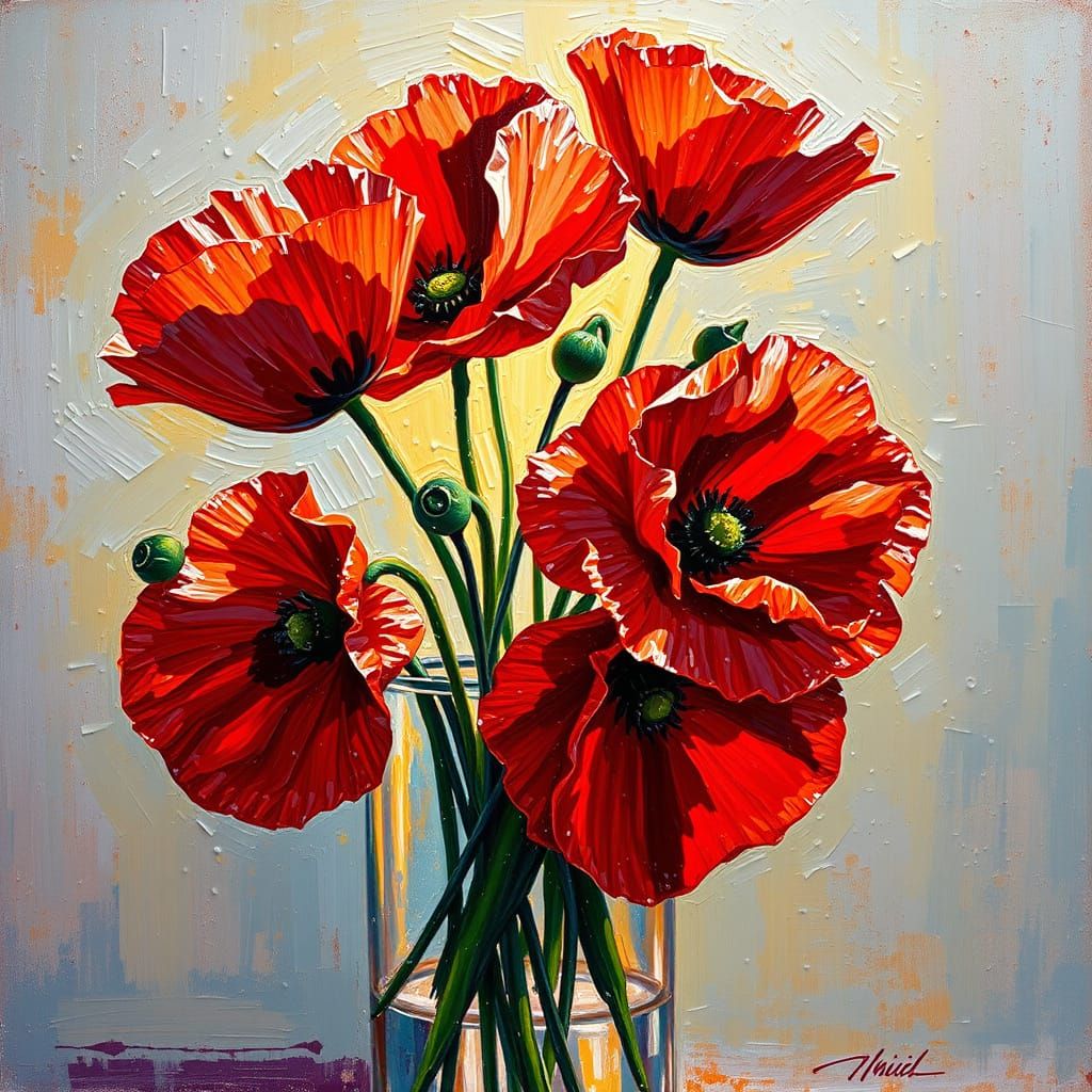 Vivid Impasto Oil Painting of Red Poppies in Glass Vase