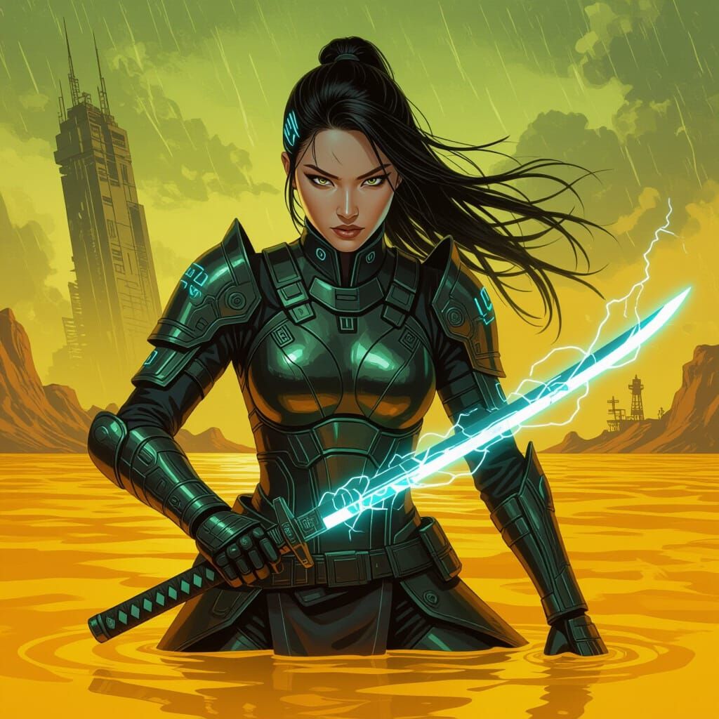 Cyberpunk Warrior Woman Wields Electric Katana