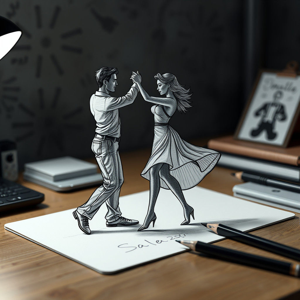 Dynamic Salsa Dance in Pencil and Ink