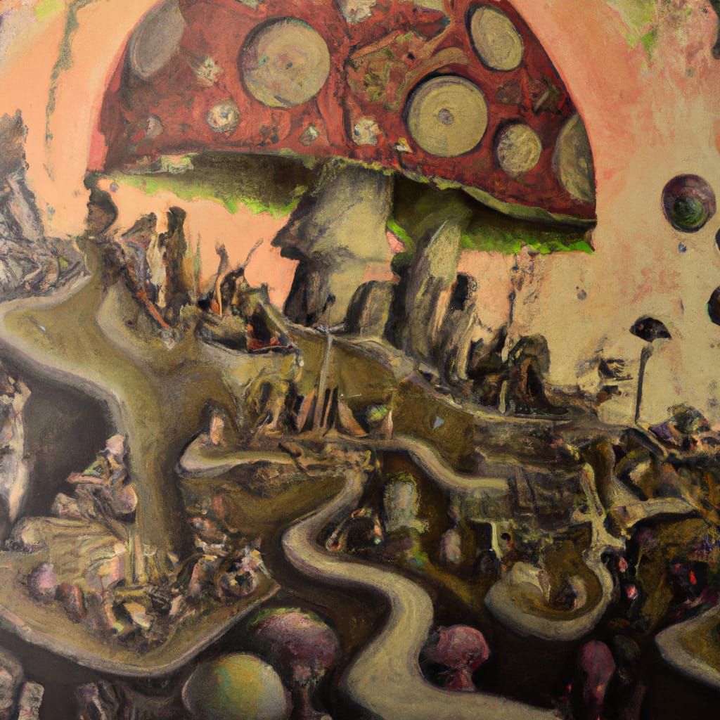 Wanderers in a Psychedelic Halloween Landscape Painting
