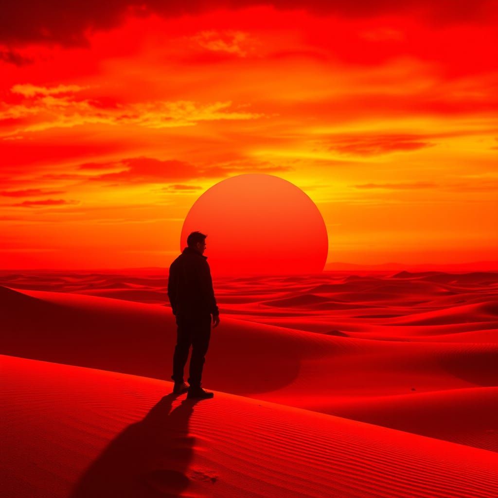 A lone figure stands silhouetted against a fiery red sunset ...