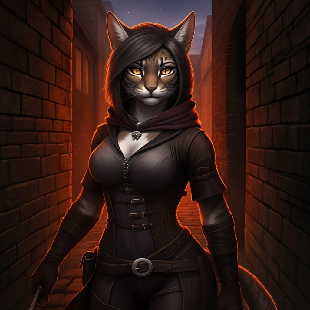 Female Tabaxi Rogue Lurking in an Alley