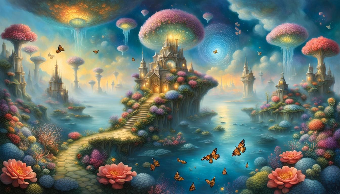 Surreal Floating Islands with Coral Reefs and Flowers