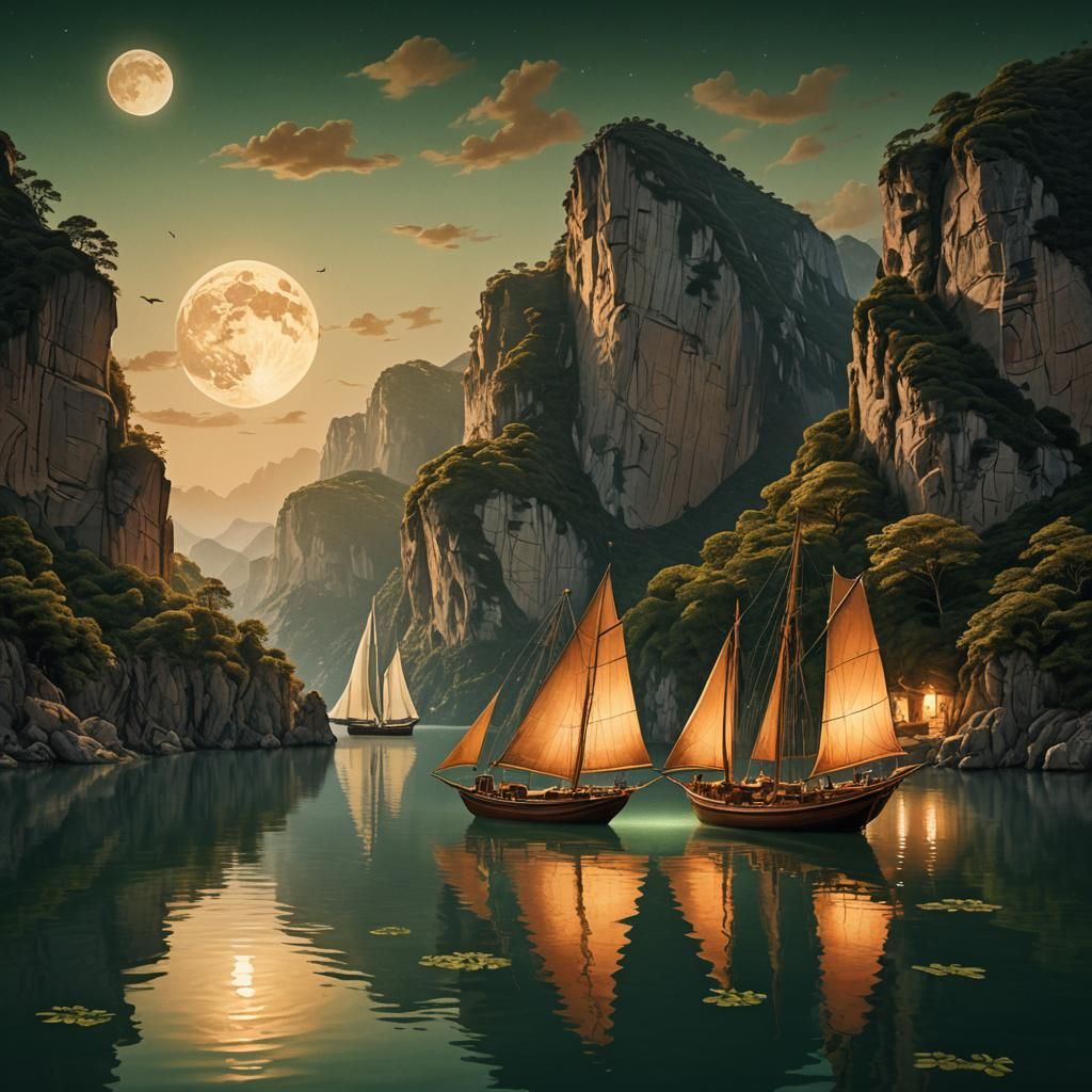 Sailboat at Night: Matte Painting in Golden Light