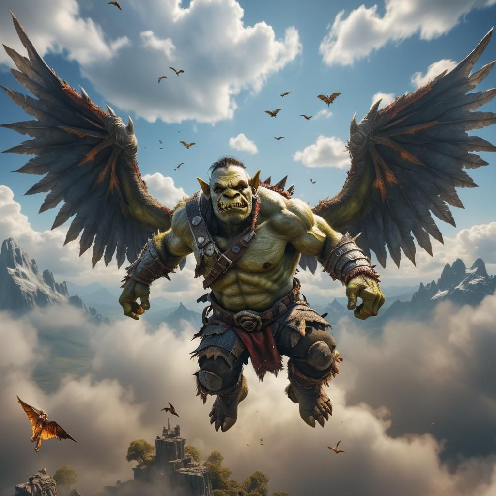 Happy Orc Flies with Homemade Wings: Hyperrealistic Image