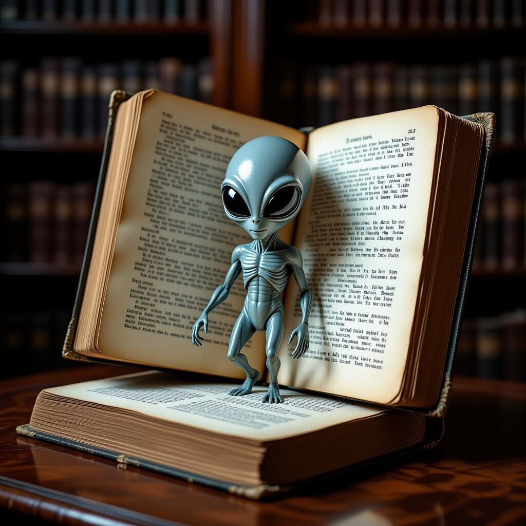 Alien Emerging from Book in Vintage Library