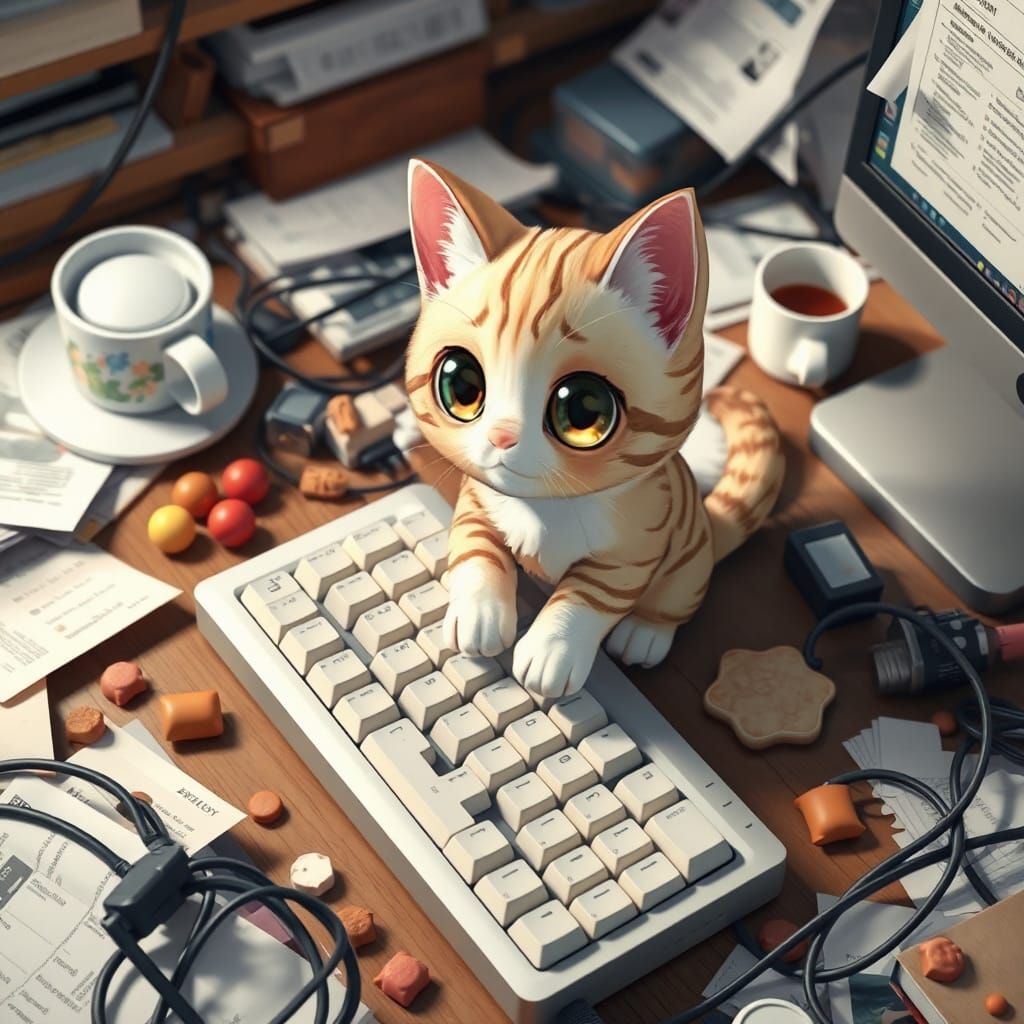 A photograph of a chibi cat on a keyboard