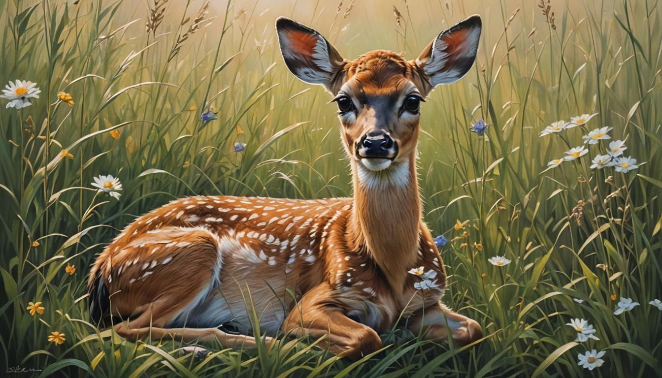 Fawn Resting in Tall Grass: Impressionist Oil Painting