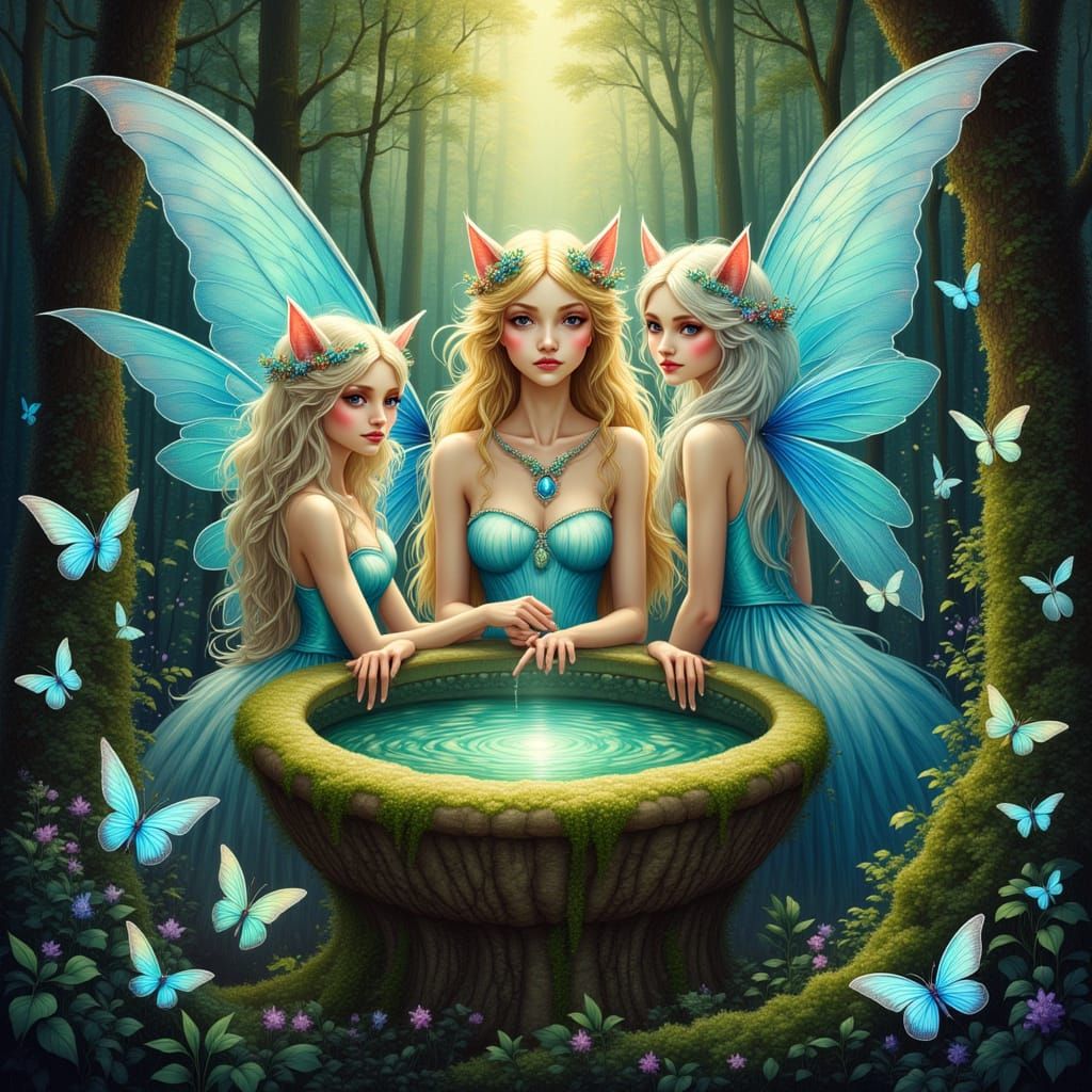 Cat Fairies at Wishing Well with Butterflies