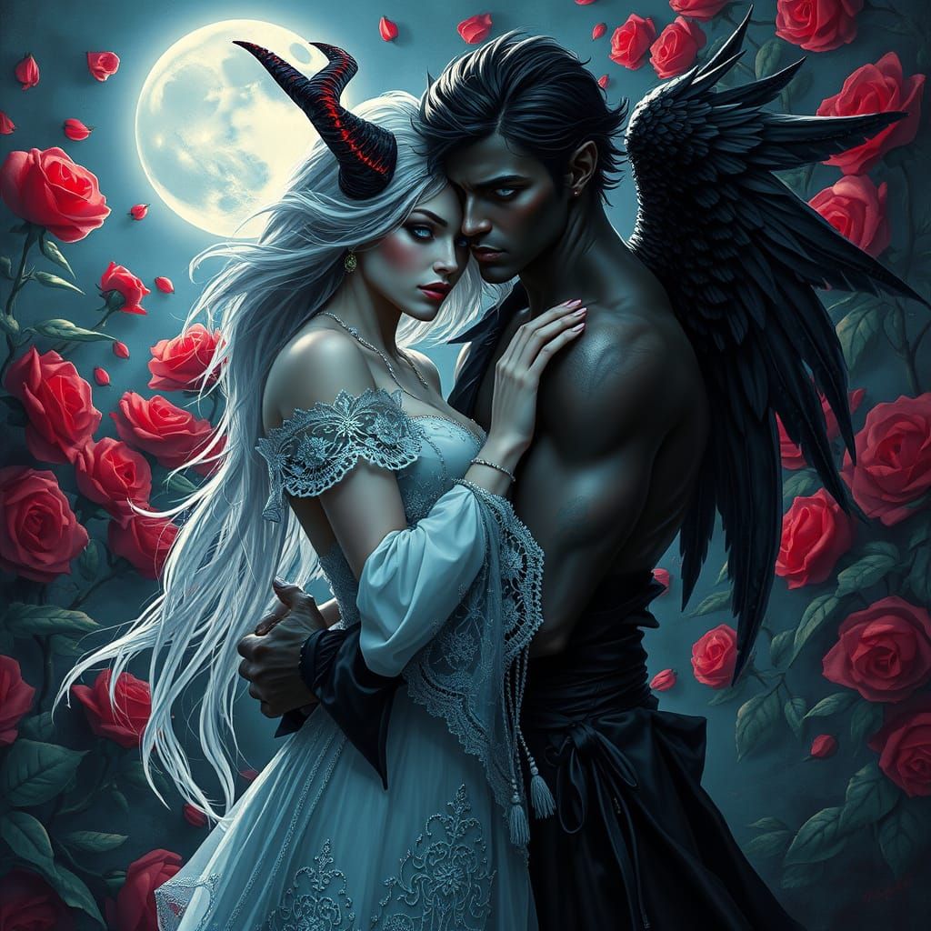 Mystical Moonlit Rose Garden in Cyberpunk Style