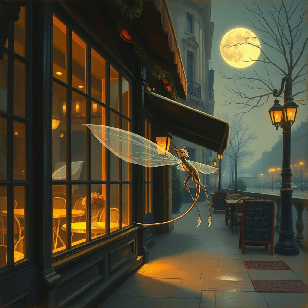 Moonlit Cafe Enchantment in Dreamy Oil Painting Style