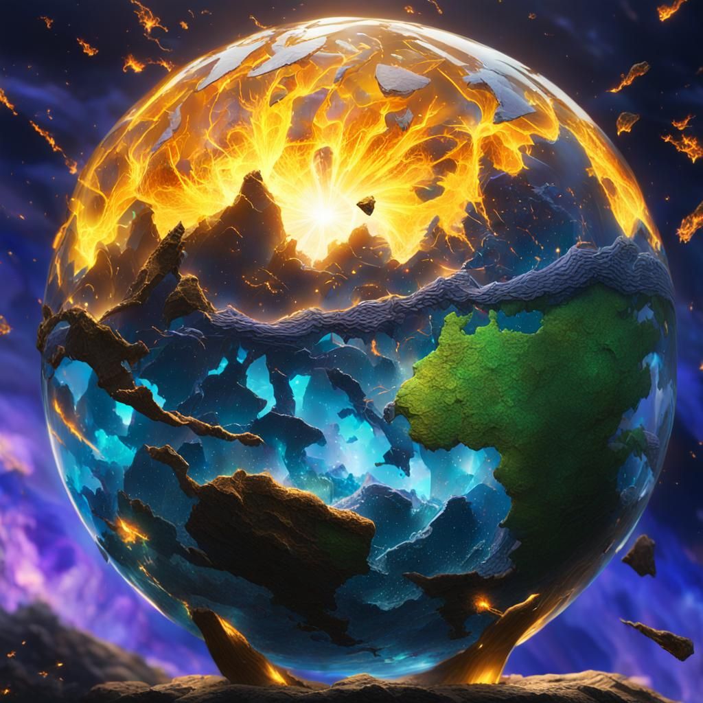 Exploding Earth in Shattered Glass Globe