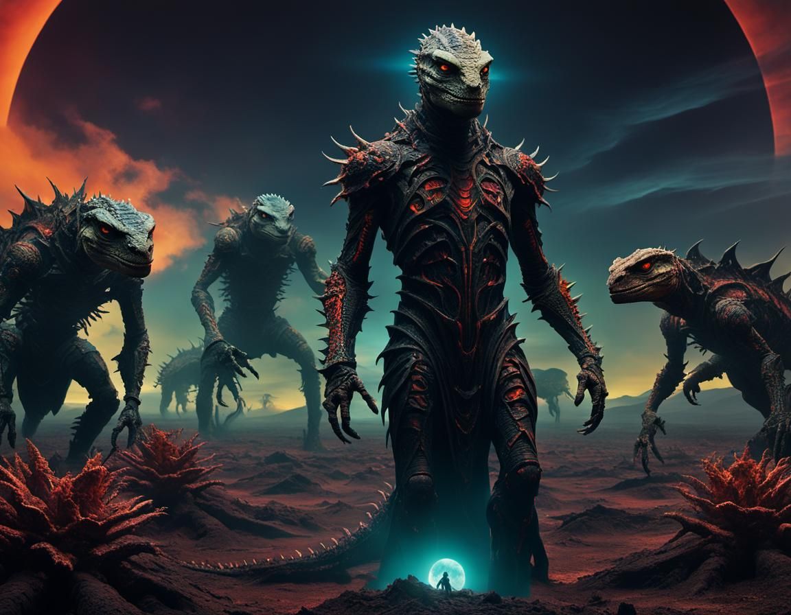 Reptilian Humanoid in Wasteland with Fractal Elements