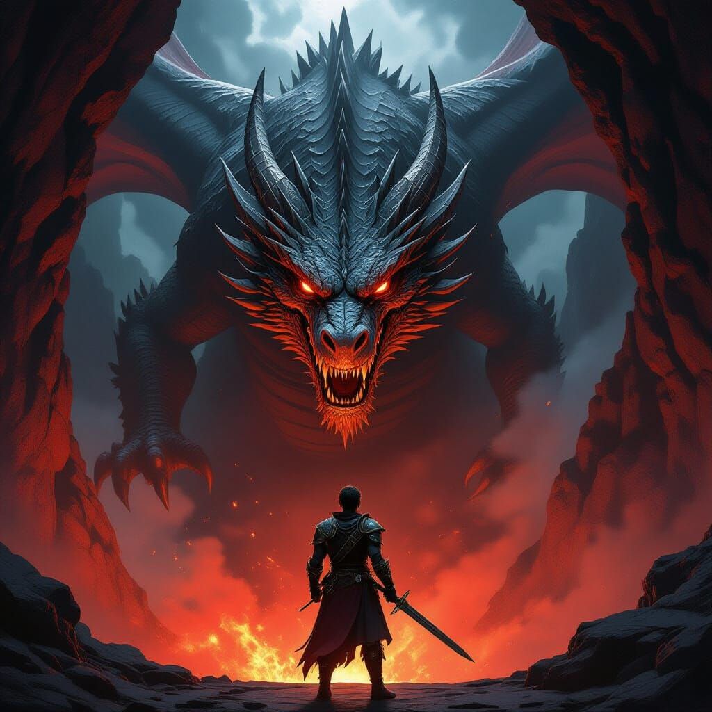 Warrior Confronts Dragon in Dark Cave