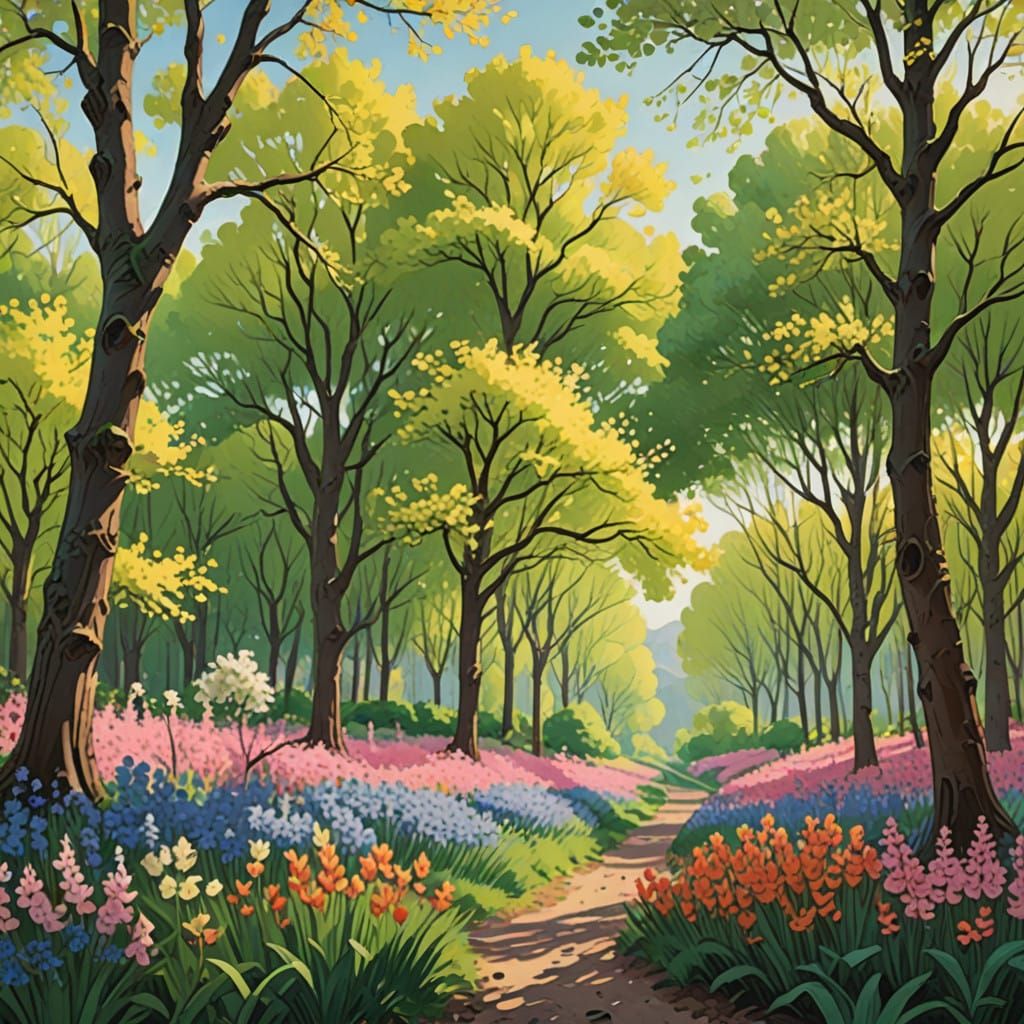 Swaying Trees in Vibrant Spring Colors