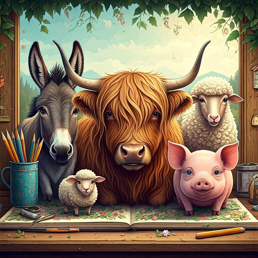 Farm Animals on Notebook Page in Maximalist Style