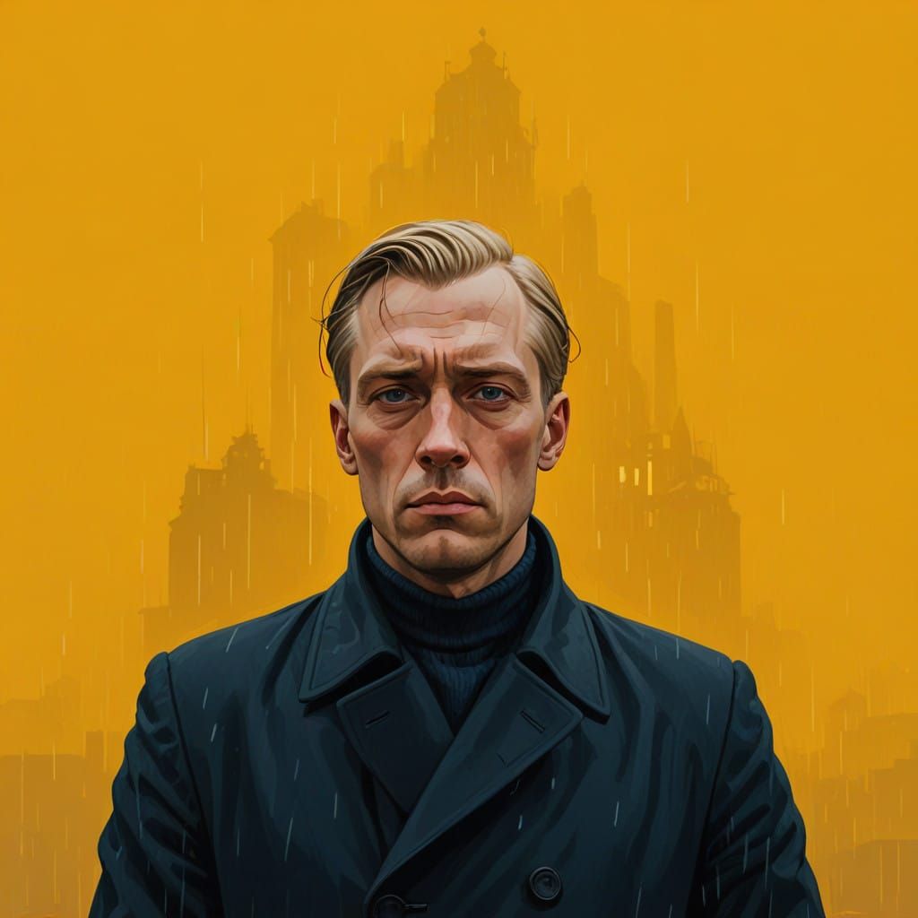 Contemplative Man in Moody Cityscape