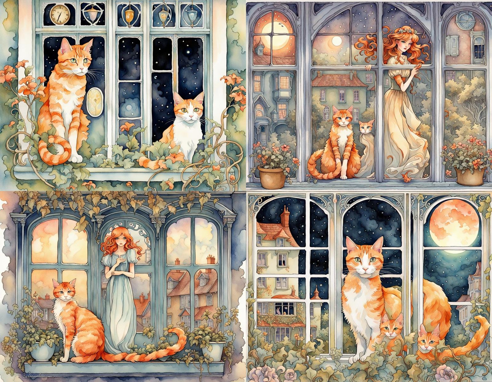 Art Nouveau Haunted Village Watercolor Painting