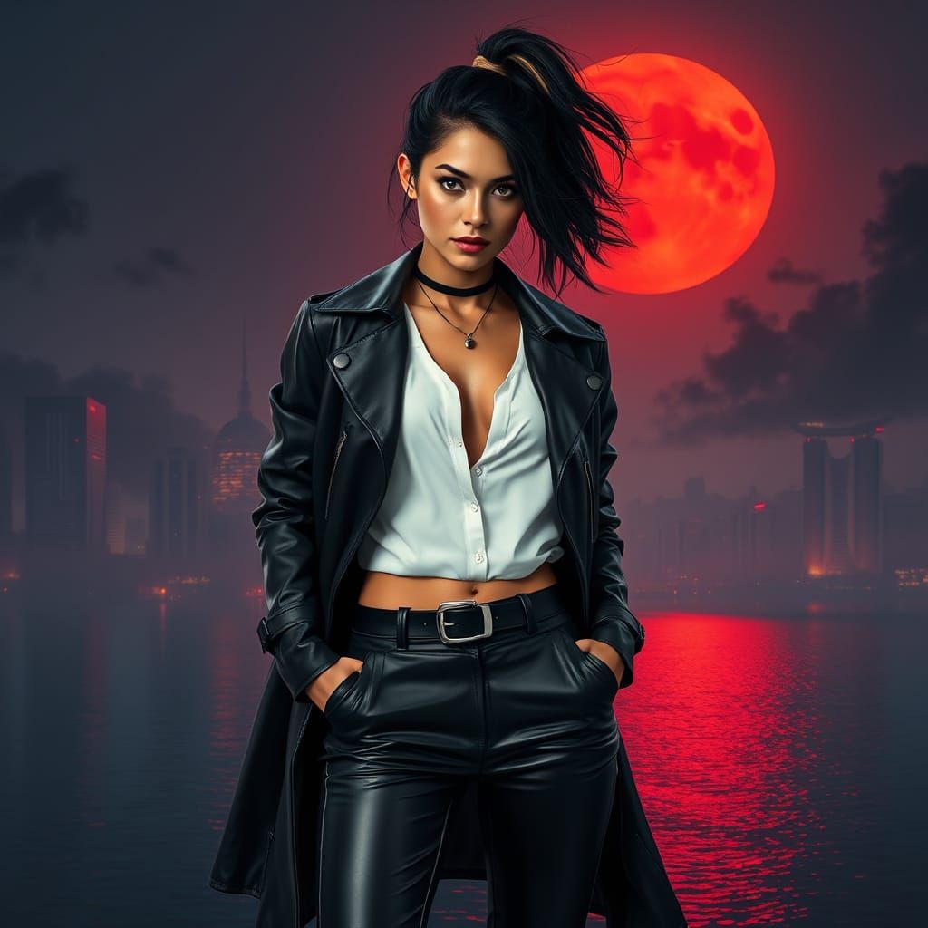 Confident Cuban Woman in Futuristic Cityscape