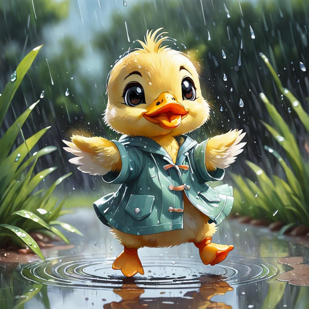 Chibi Baby Duck Dancing in Rainy Manga Style