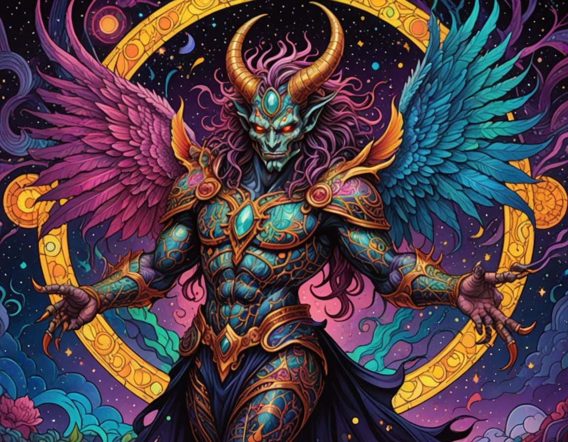 Supernatural Demon Man in Vibrant Fantasy Attire