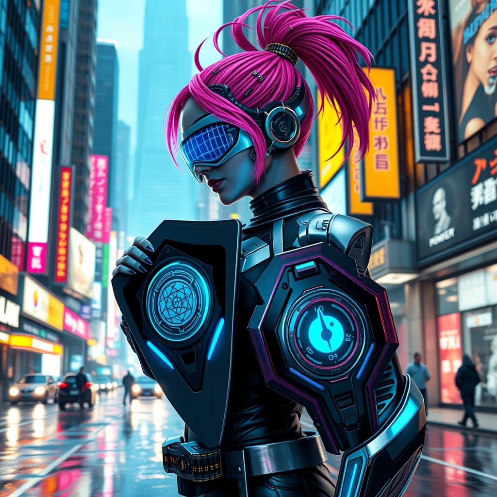 Cyberpunk Power Ranger with Neon Hair and Holographic Visor