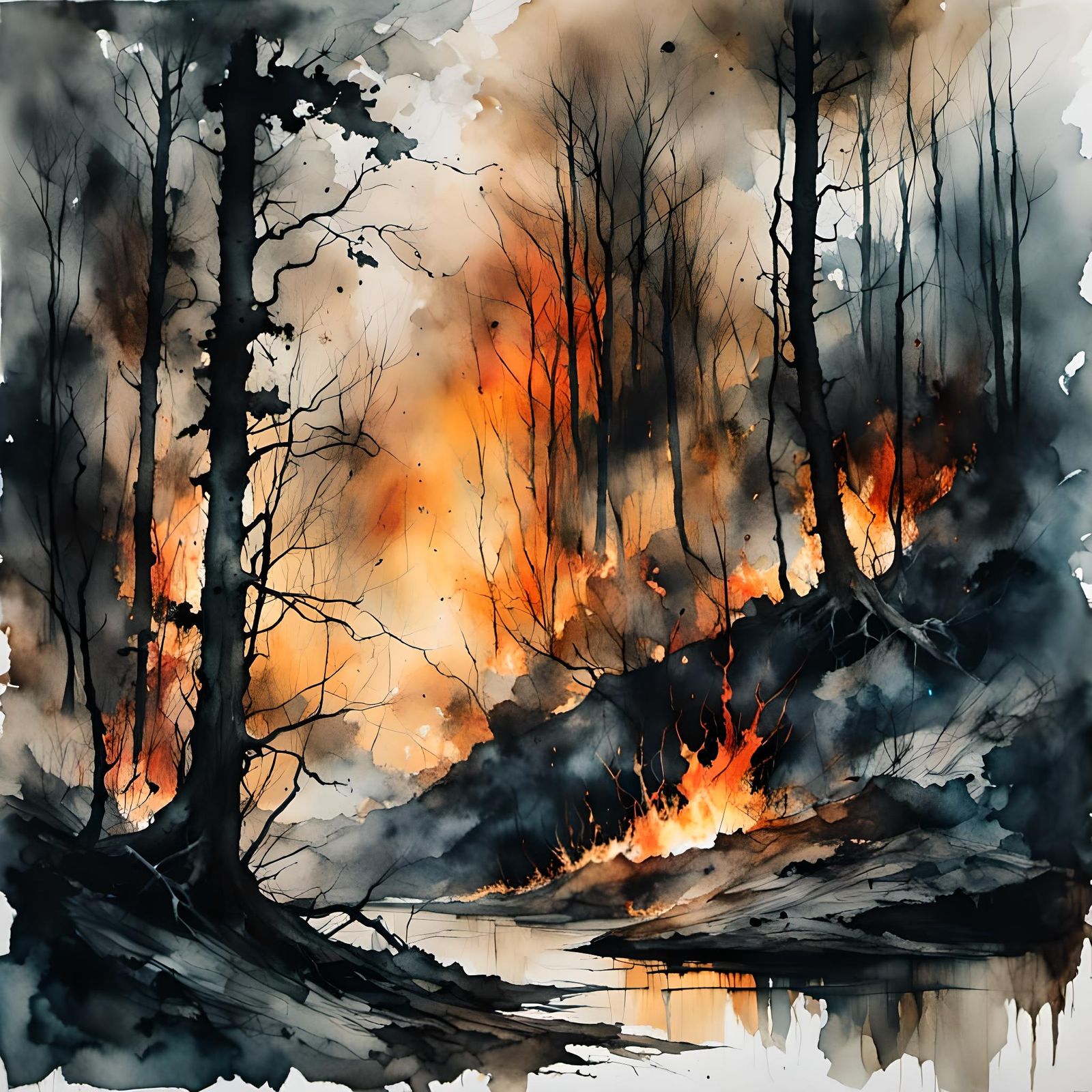 Watercolor Painting of Burning Dark Woods
