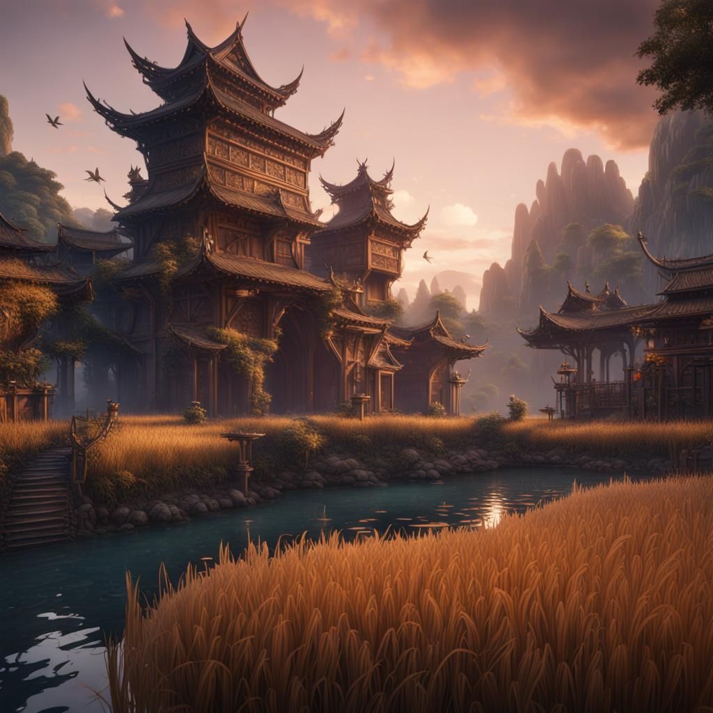 Fantastical Rice: Detailed Matte Painting in Deep Color
