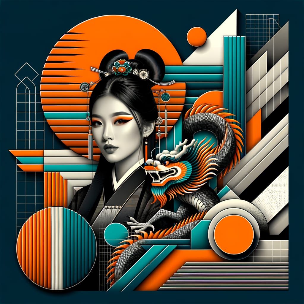 Chinese Woman and Dragon in Abstract Geometric Style