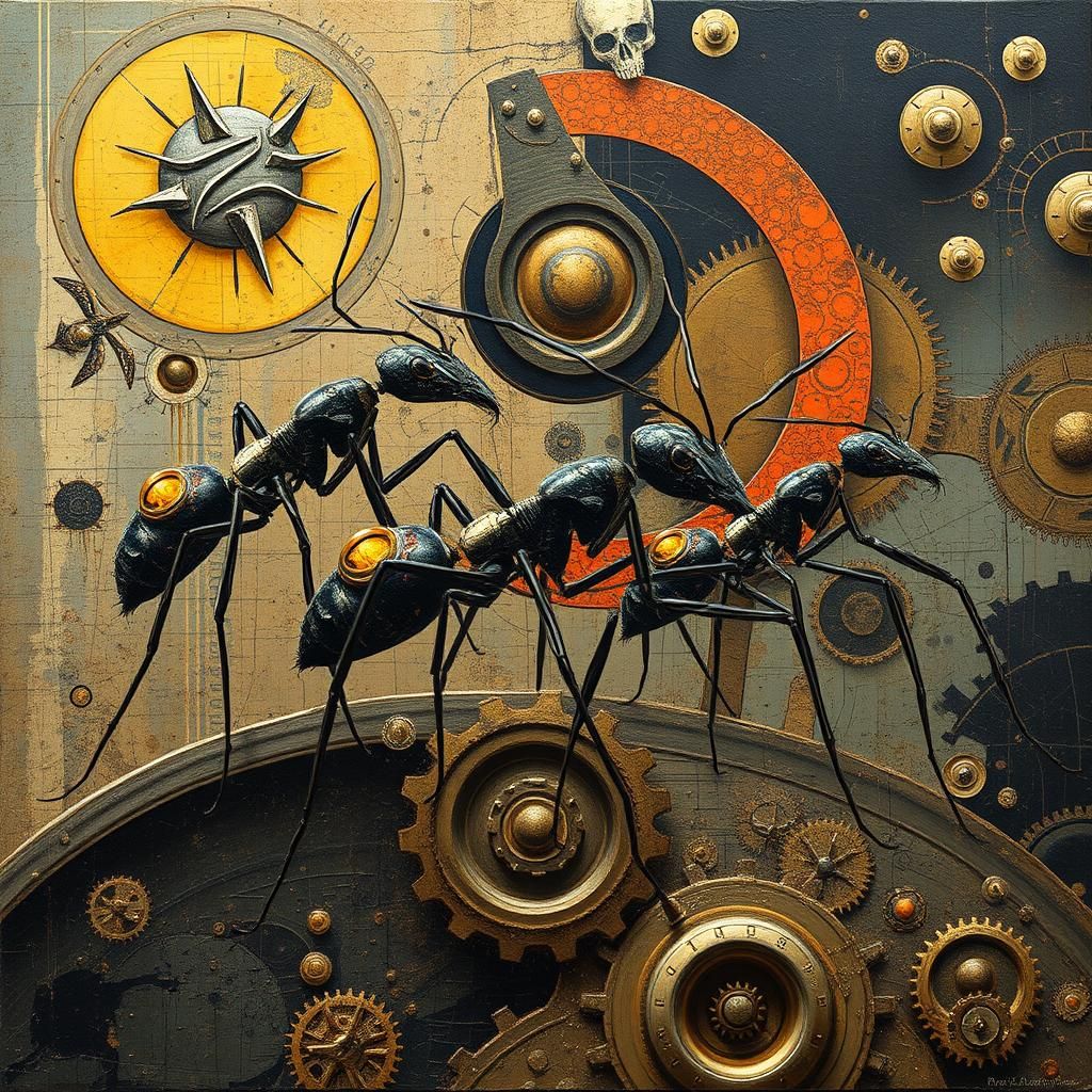 Surrealist Ants in Art Deco Style with Impasto Texture