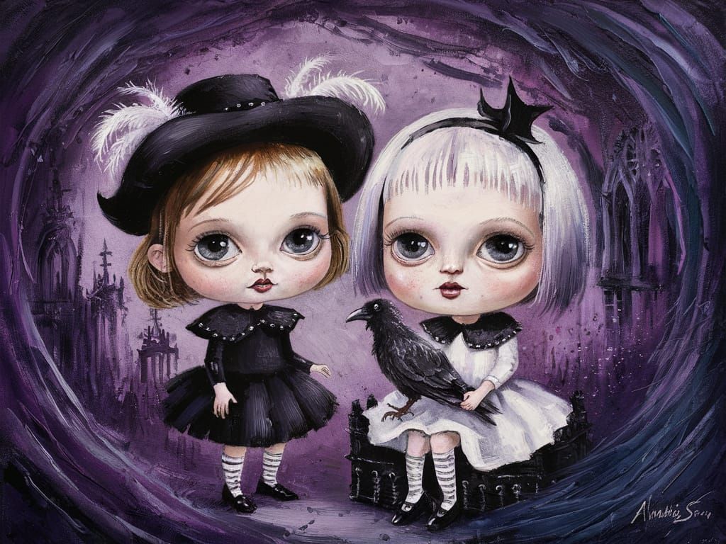 Goth Children Portrait as Impasto Oil Painting