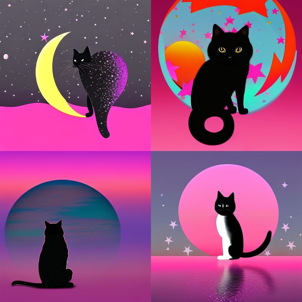 Psychedelic Black Cat Silhouette on Pink Moon