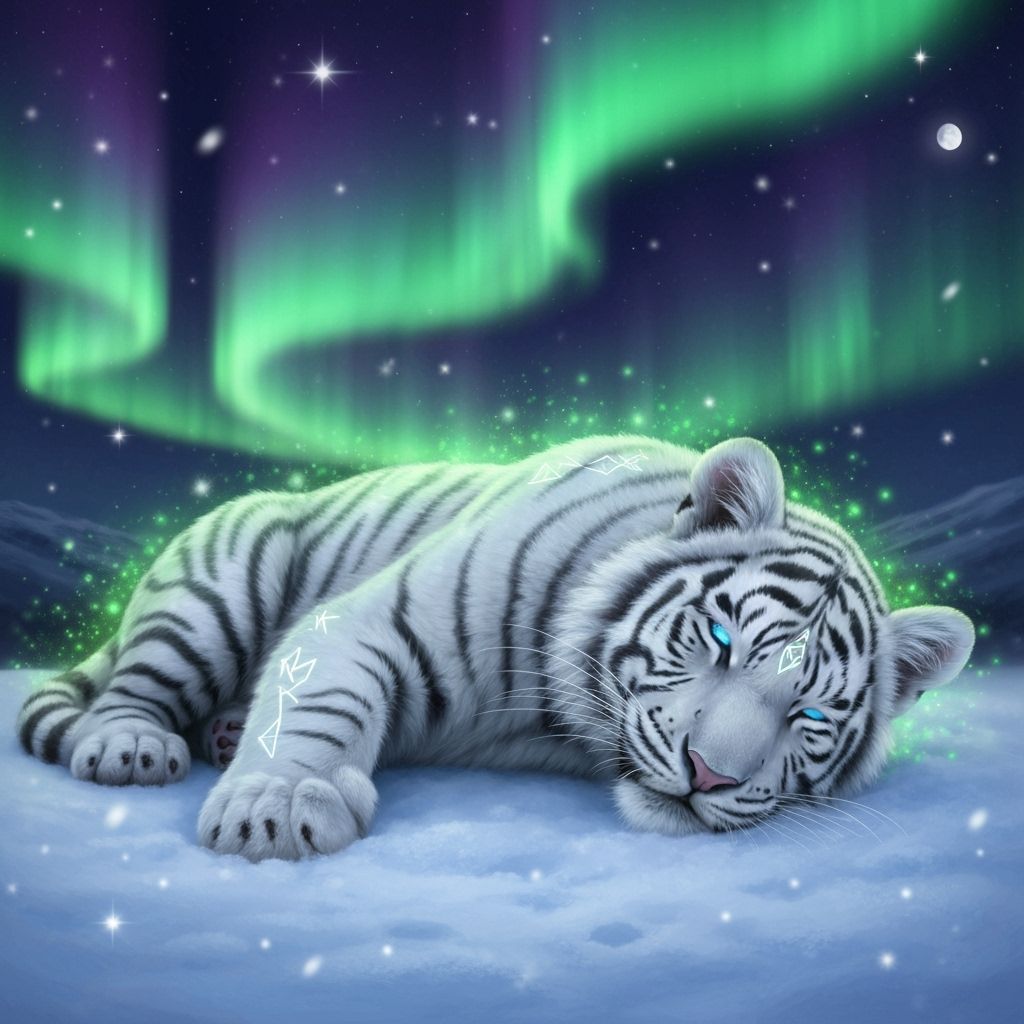 White Tiger Cub Under Aurora Borealis Fantasy Art
