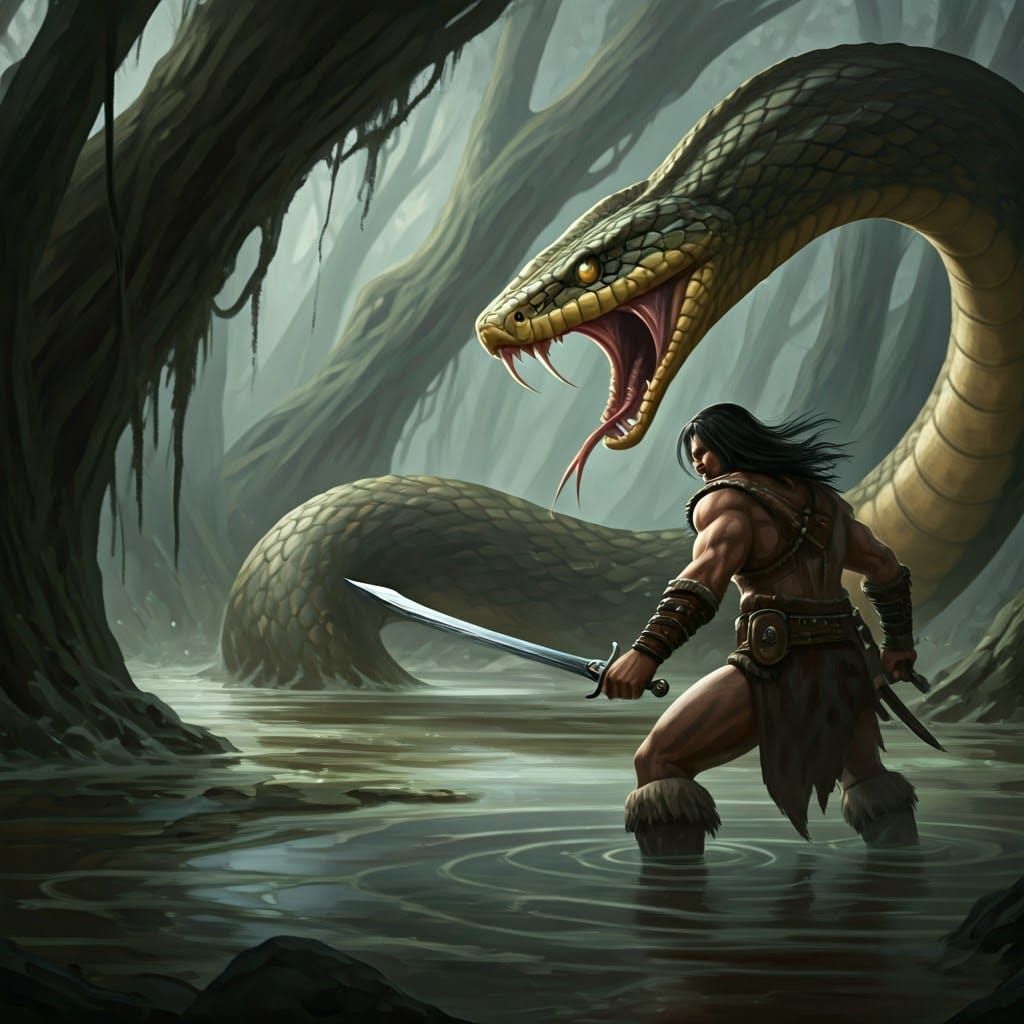 Barbarian Swordsman Battles Giant Snake in Swamp