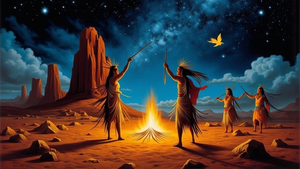 Native American Dance in Monument Valley Under Starry Sky