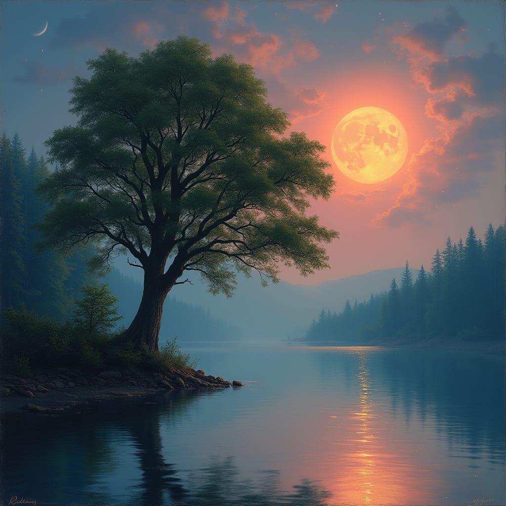 Moonlit Tree by a Serene Lake in a Whimsical Night Scene