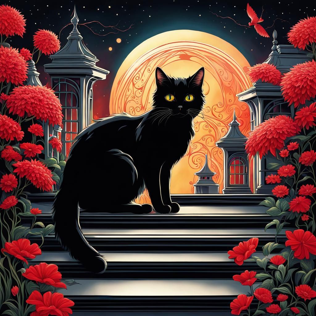 Fantasy Black Cat with Red Wings: Anime Style