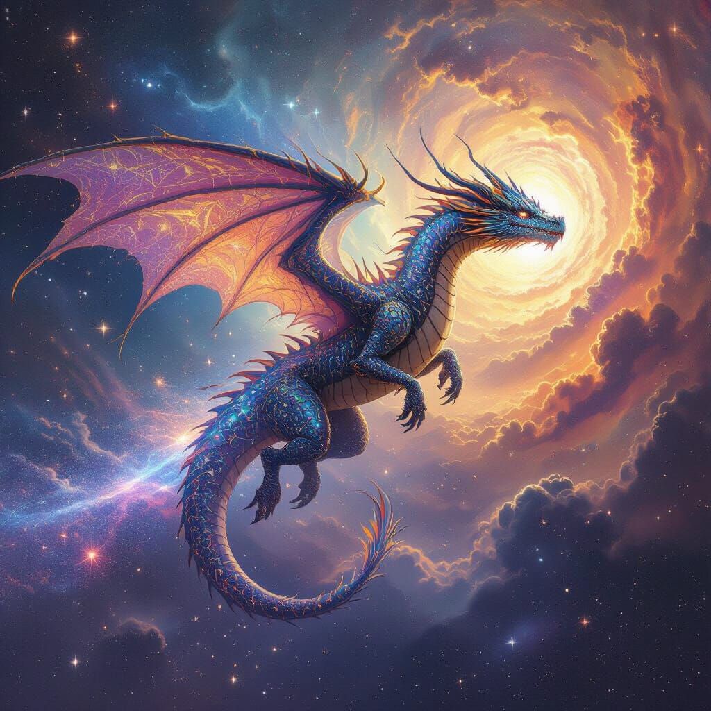 Majestic Dragon Soaring Through Nebula in Surreal Style