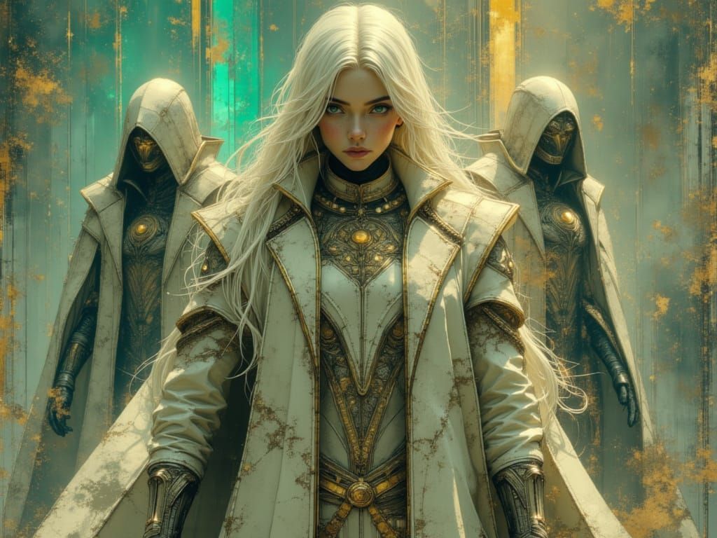 Silver Jumpsuit Woman With Zorro Mask and Robot Guards