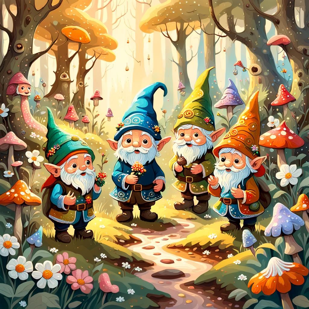 Fantasy Flowers Chatting with Gnomes, Monette-Inspired Oil P...