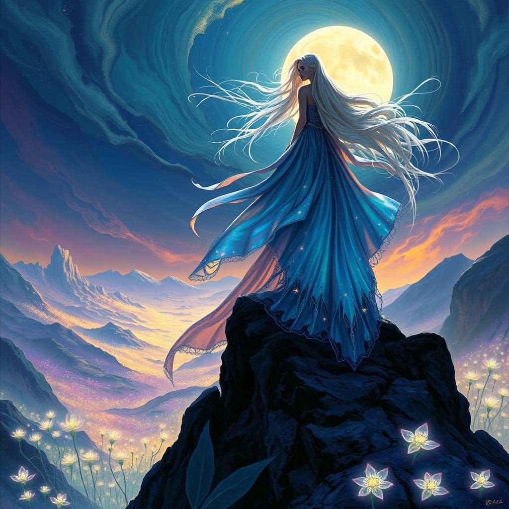 Moonlit Sorceress in a Whimsical Valley