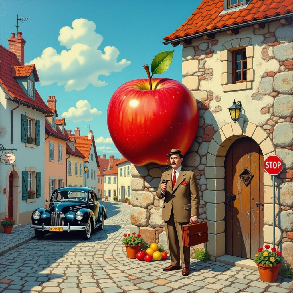 Surreal European Village with Giant Apple and Magritte Style