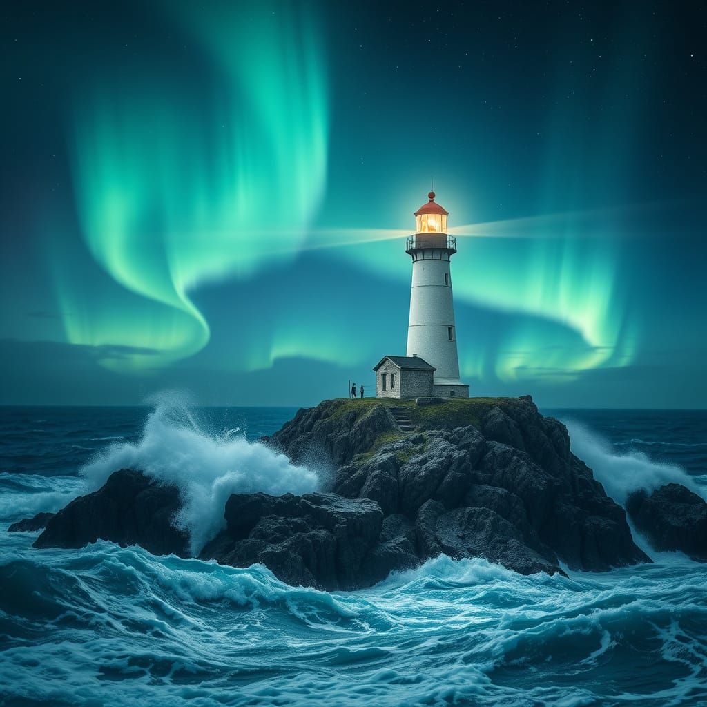 Lighthouse Braving Storm Under Aurora Borealis