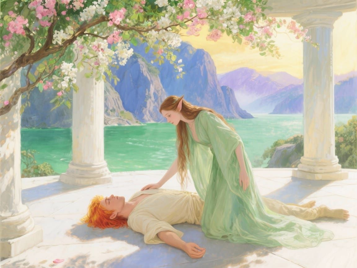 Fantasy Art: Elven Woman Tends Sleeping Man Under Blossoms