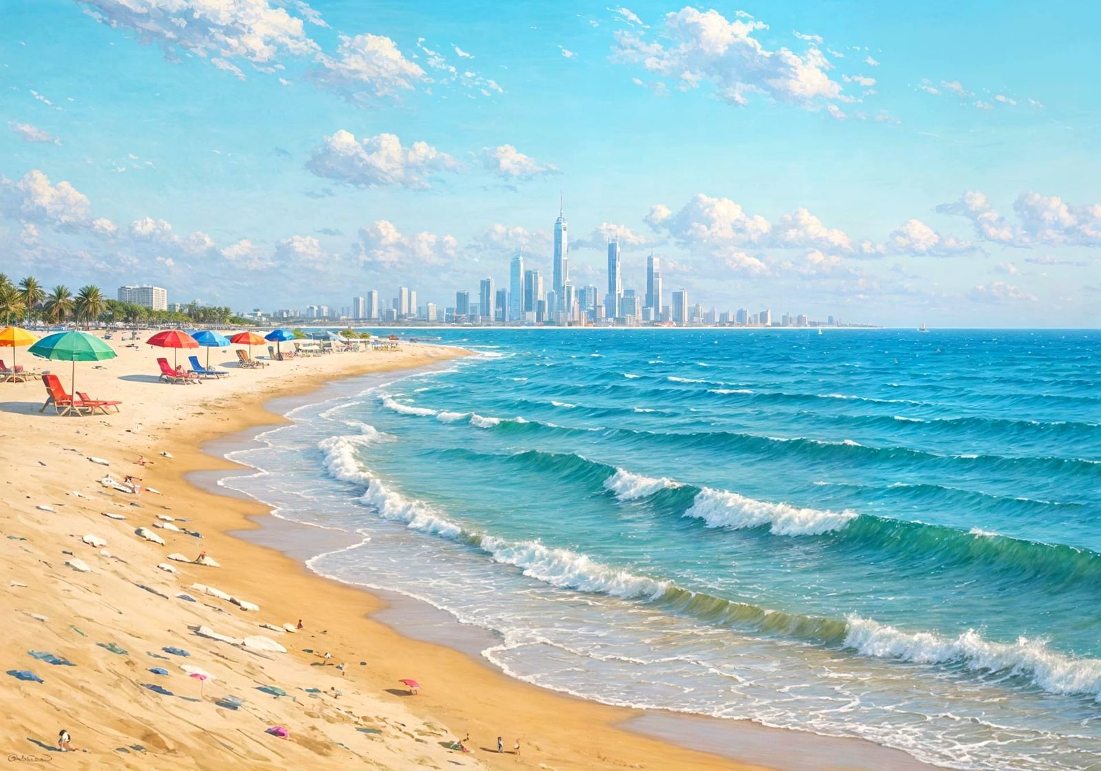 Impressionist Beach Scene with Futuristic Cityscape
