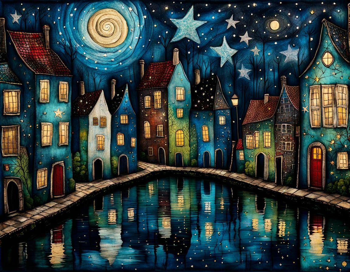 Whimsical Canal Village Under Starry Night