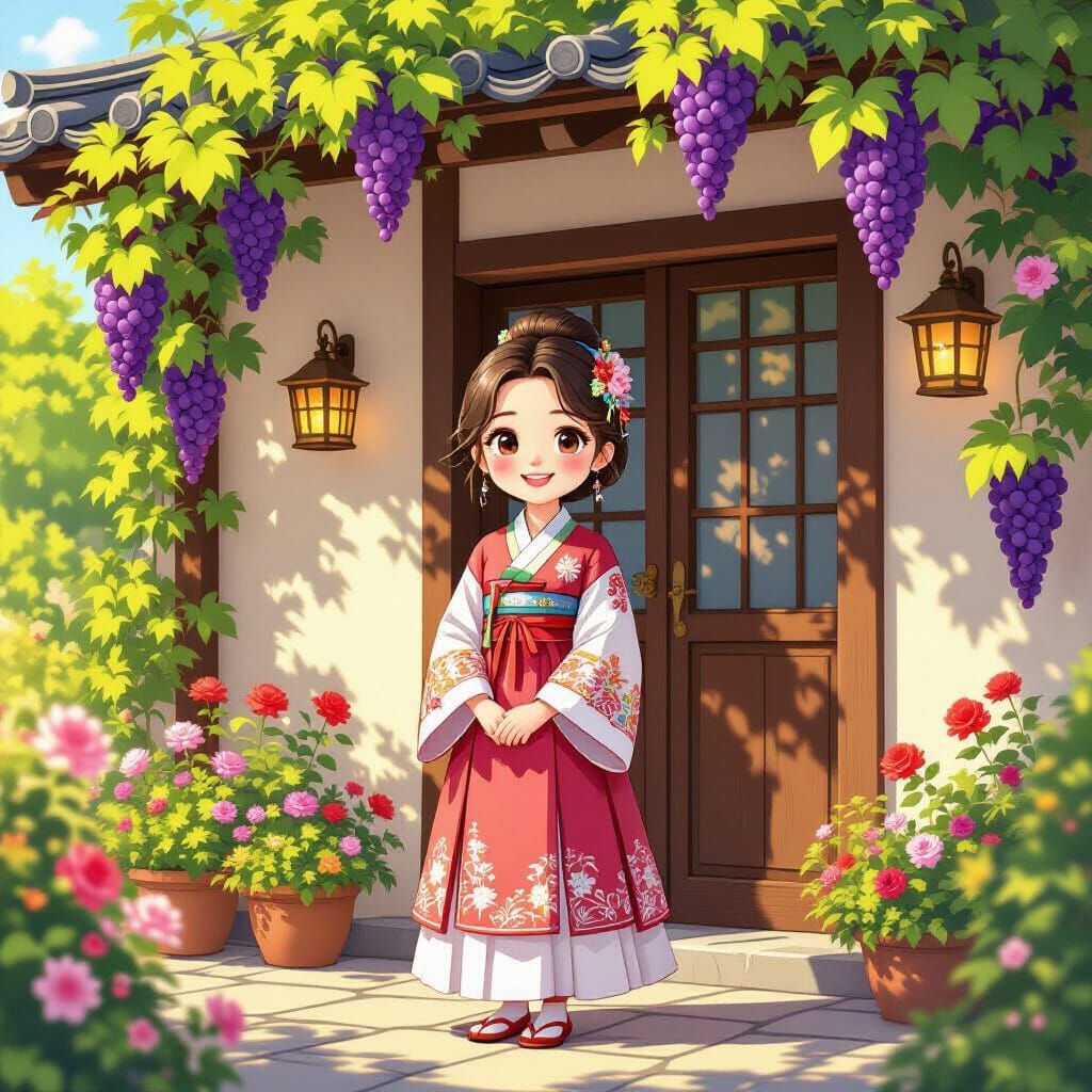 Korean Girl in Hanbok with Lush Greenery